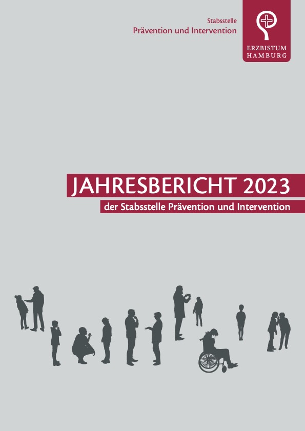 Das Bild zeigt die Titelseite der Publikation "Jahresbericht 2023 der Stabsstelle Prävention und Intervention".