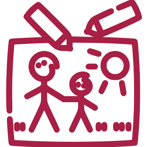 Das Icon zeigt zwei Personen (wahrscheinlich Kinder), die fröhlich in der Sonne Hand in Hand zusammenstehen. Darüber schweben zwei Stifte oder Kreidestücke.