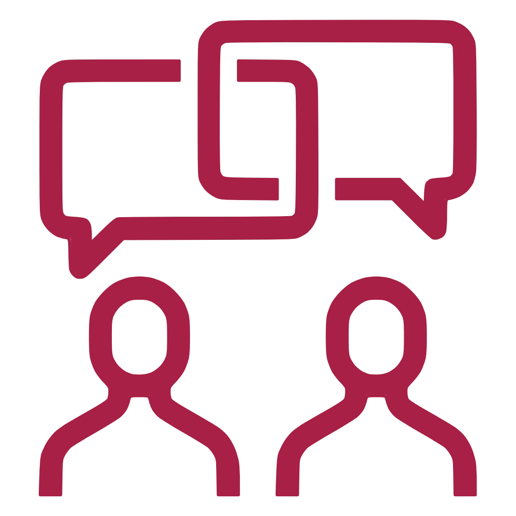Das Bild zeigt ein Icon mit skizzierten Oberkörpern von zwei Menschen. Darüber sind zwei Sprechblasen, die miteinander verbunden sind. Das symbolisiert Zuhören, Gespräch und Dialog.