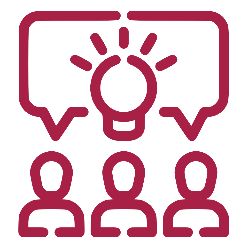 Das Icon zeigt drei Personen, die in einer Reihe sitzen. Über en Personen ist eine "Sprechwolke" und darin eine Lampe.