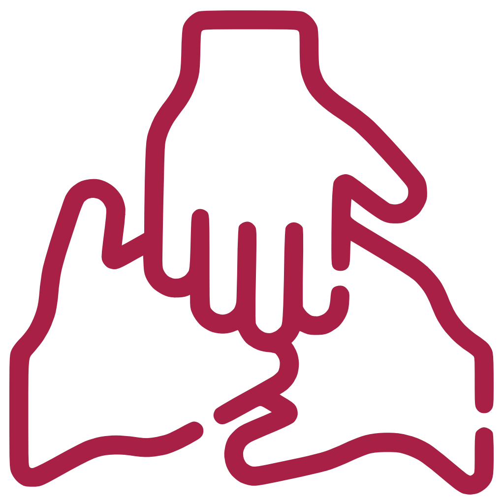 Das Icon zeigt drei ineinandergreifende Hände von oben.